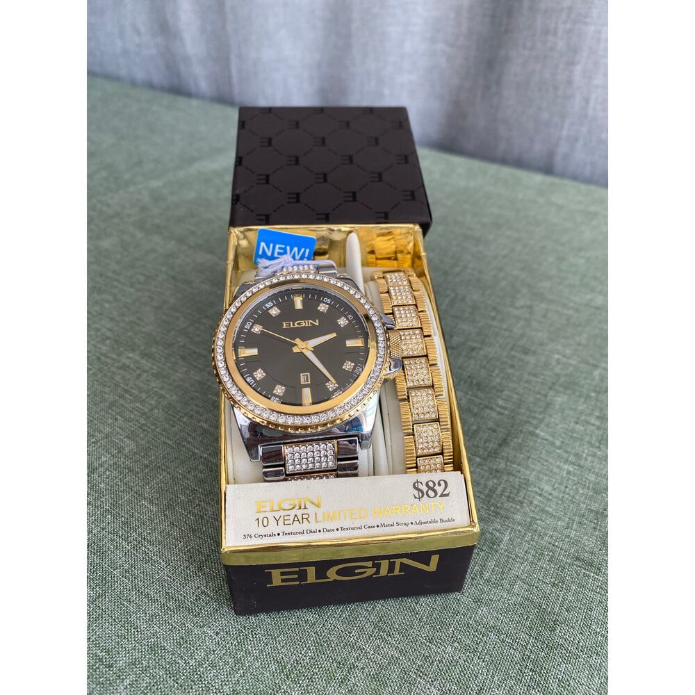 Elgin Men’s Gold & Silver Tone Watch Set 376 Crystals, Textured Dial, New in Box